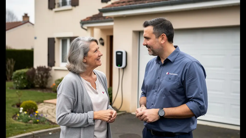 Propriétaire et installateur discutant devant une maison avec borne de recharge visible à Angers
