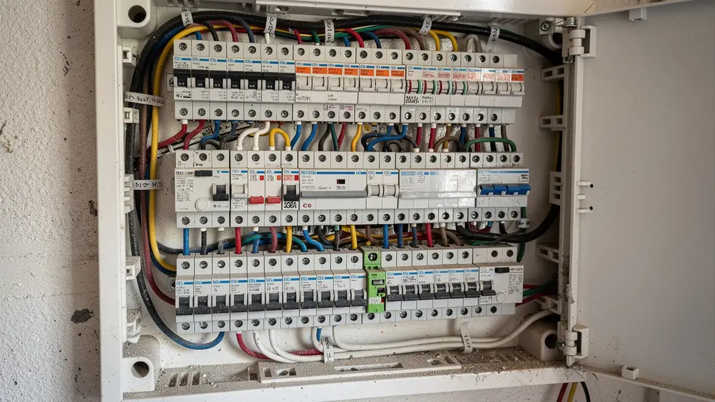 Tableau électrique résidentiel ouvert montrant les disjoncteurs pour installation borne de recharge