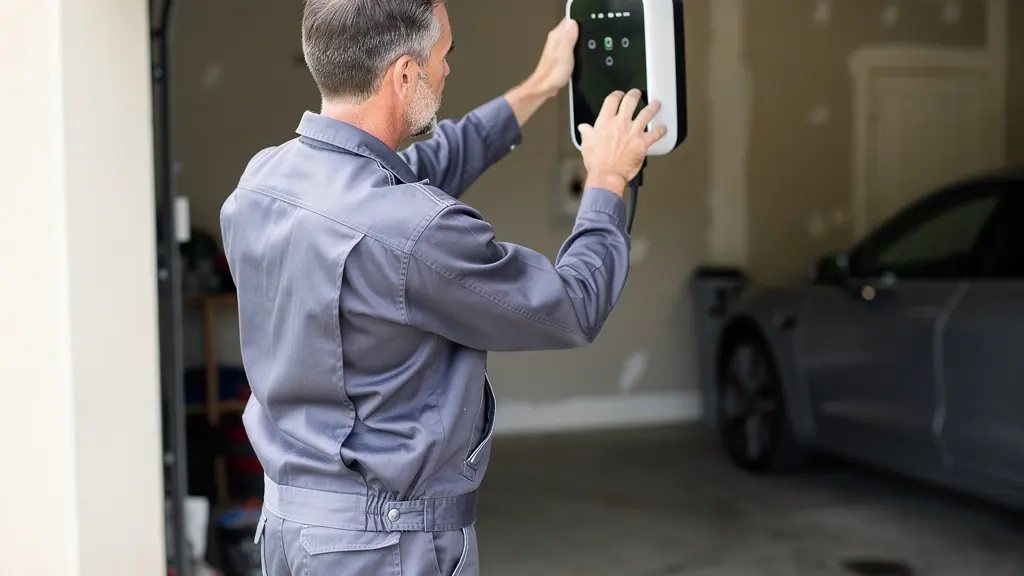 Technicien vérifiant une borne de recharge murale dans un garage résidentiel à Angers